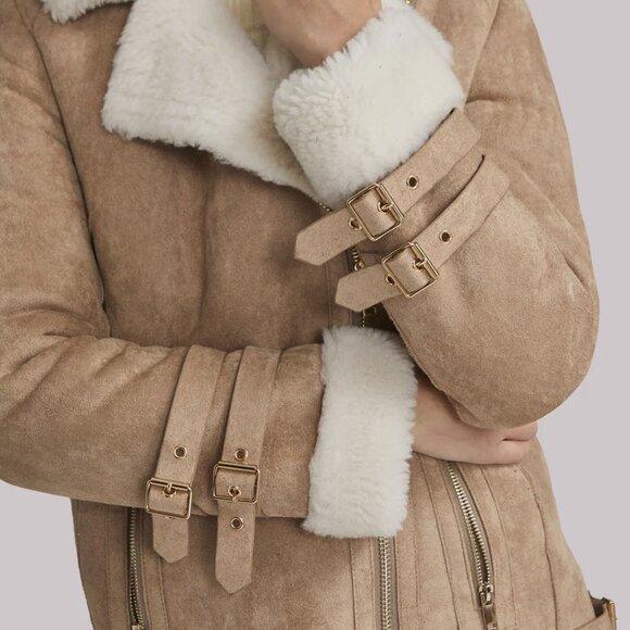 NEW Generation Love Size S, L - Nikita Faux Suede Shearling Jacket - Taupe/White - Picture 2 of 5
